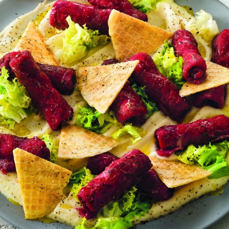 Carpaccio Roll-Ups With Wafers and Celery Root Purée