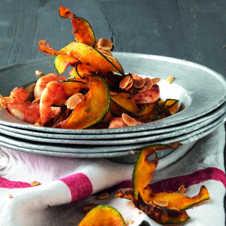 Shrimp with Squash Chips and Almonds