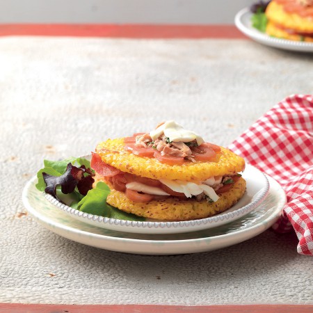 Crispy Rice Cakes with Tuna, Mozzarella and Tomato