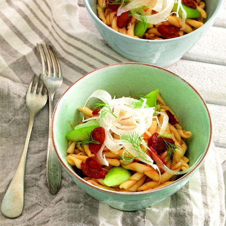 Strozzapreti, Cucumber, and Candied Cherry Tomato Salad