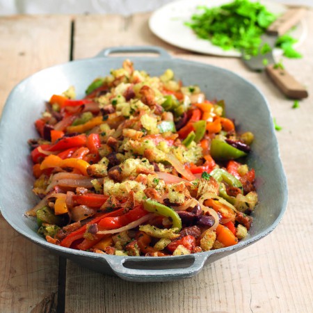 Trio of Peppers with Onion, Olives and Herbed Bread