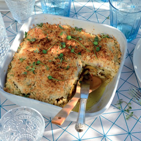 Sea Bass and Vegetable Casserole With Cashew Crumble