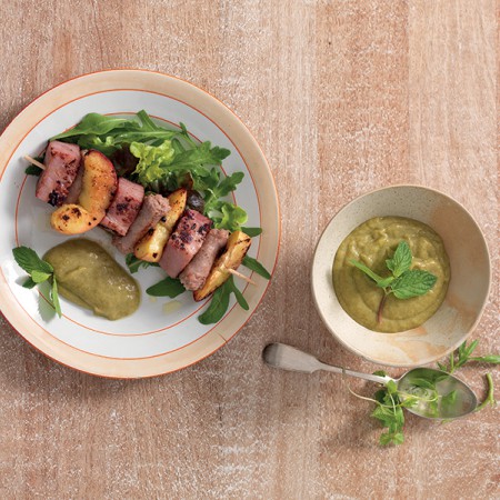 Peach, Ham and Sausage Skewers with Mint Sauce