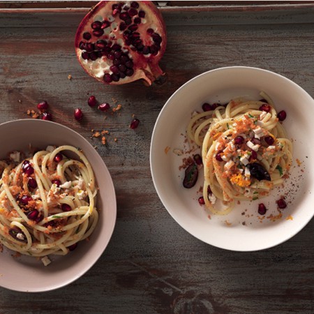 Bucatini with Chicken, Pomegranate, and Crispy Bread Crumbs