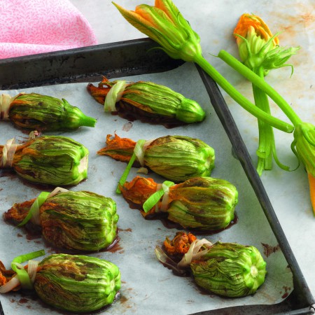 Squash Blossoms Stuffed with Zucchini, Amaretti and Cocoa