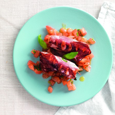 Grilled-Stuffed Squid with Tomatoes