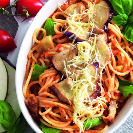 Spaghettoni alla Norma (Spaghetti With Eggplant, Tomato and Salted Ricotta)