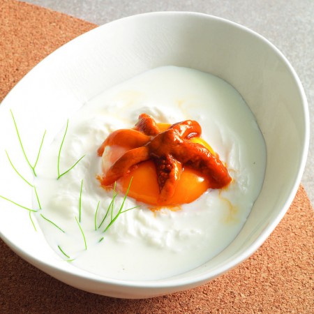 Egg Yolk With Sea Urchin and Burrata Cheese