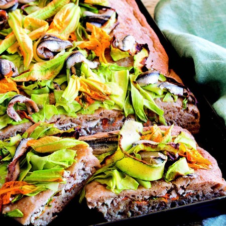 Focaccia with Anchovies and Squash Blossoms