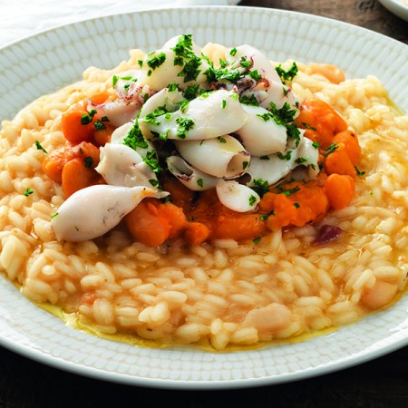 Baby Squid Risotto with Bean Stew
