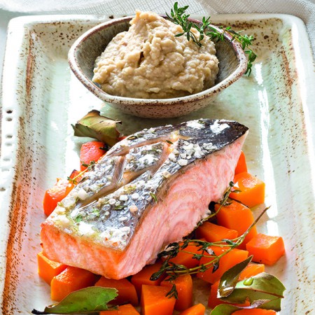 Salmon Escalopes with Pumpkin and Coriander Chickpea Cream