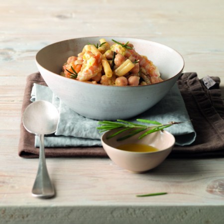 Pasta and Garbanzo Beans with Shrimp and Rosemary oil