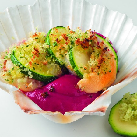 Scallops au Gratin With Zucchini and Yogurt Sauce
