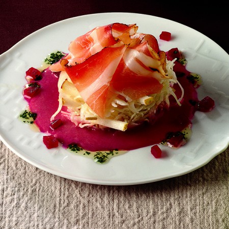 Thinly Sliced Cabbage with Speck and Pears