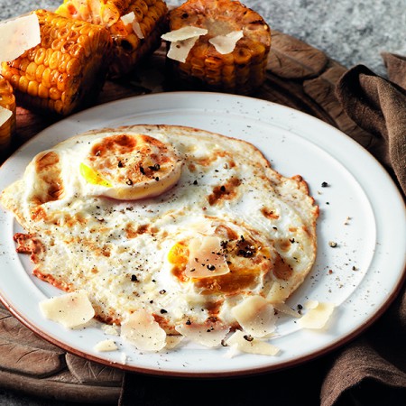 Fried Eggs with Corn and Grana Padano Cheese