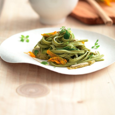 Green Spaghetti With Zucchini Pesto and Tofu