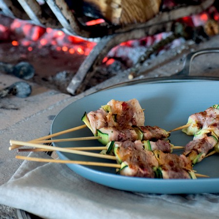 Chicken, Sausage, Beef and Zucchini Skewers