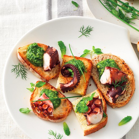 Bruschette with Herb Pesto and Octopus