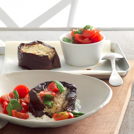 Eggplant Roasted Rice with Cherry Tomatoes and Burrata