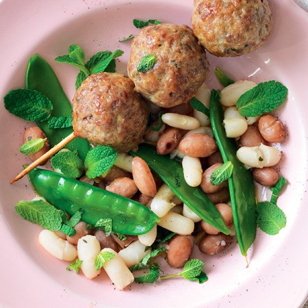 Meatball Skewers with Snow Peas and Beans