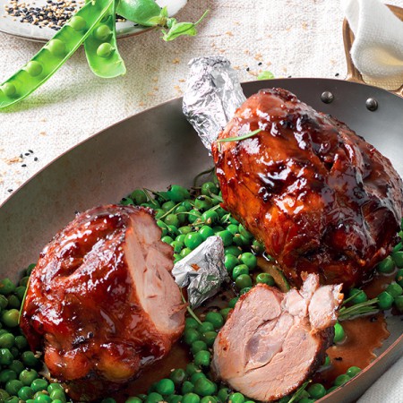 Honeyed Pork Knuckles With Peas