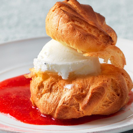 Vanilla Ice Cream Profiteroles with Strawberry Sauce