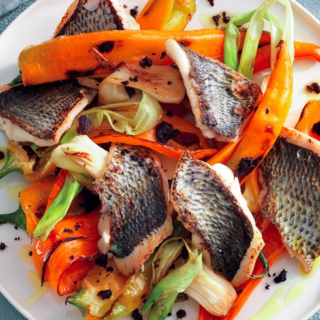 White Bream With Peppers, Spring Onions and Olive Powder