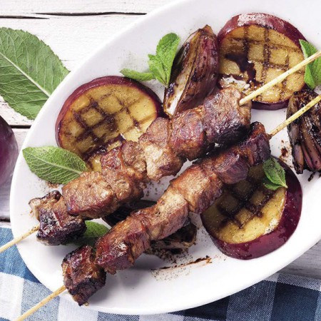 Grilled Pork Skewers, Plums and Spring Onions
