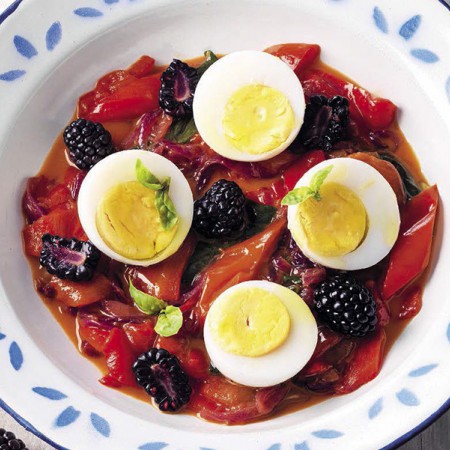 Eggs with Basil Peperonata and Blackberries