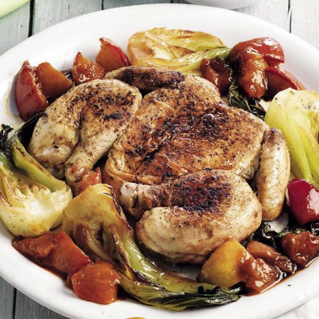 Chicken alla diavola, summer compote and bok choy
