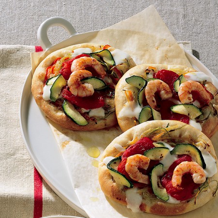 Pizza with Tomatoes, Stewed Vegetables and Shrimp