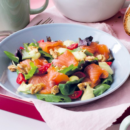 Marinated Salmon Salad with Walnuts and Avocado Mayonnaise