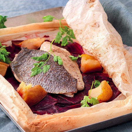 Atlantic Croaker en Papillote with Beets, Apples and Calvados