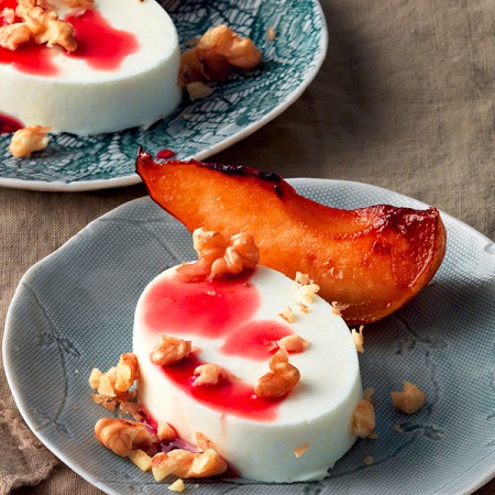 Panna Cotta with Cheese, Pomegranate, and Caramelised Pear