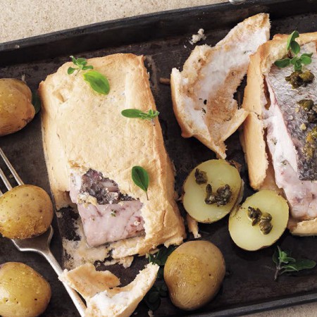 Salt-Crusted Meagre with Potatoes and Capers