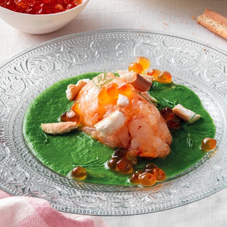 Marinated Shrimp Tartare With Dandelion Sauce