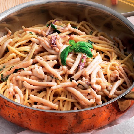 Spaghetti With Spring Onion Cream, Squid, and Anchovy Butter