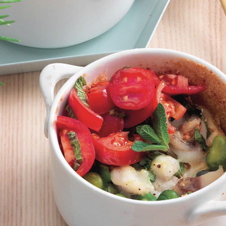 Baked Monkfish With Fava Beans, and Tomatoes