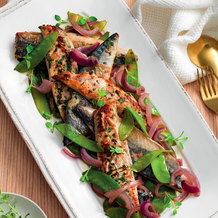 Mackerel with Caramelized Onions and Snow Peas