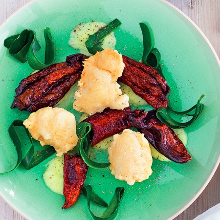 Fried Peppers and Fritters with Cucumber Sauce