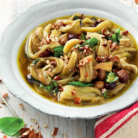 Eggplants with Olives, Almonds and Basil