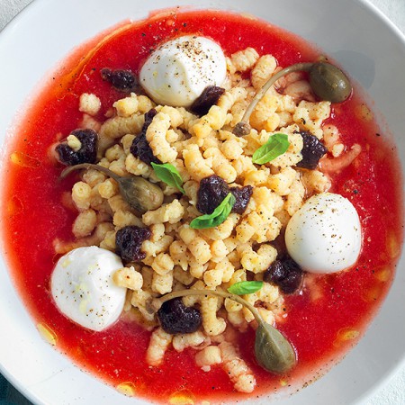 Passatelli, Olives, and Mozzarella in Tomato Broth