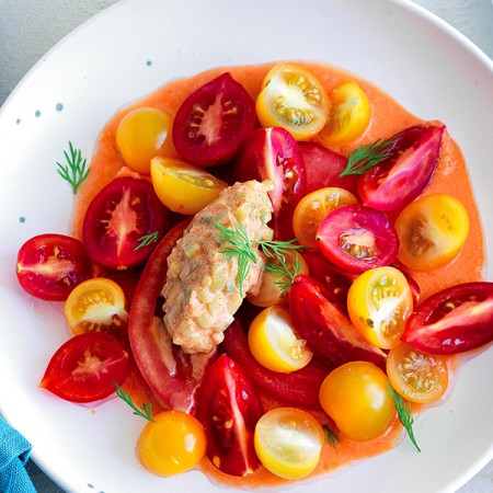 Tomato Salad With Watermelon and Cucumber Sauce