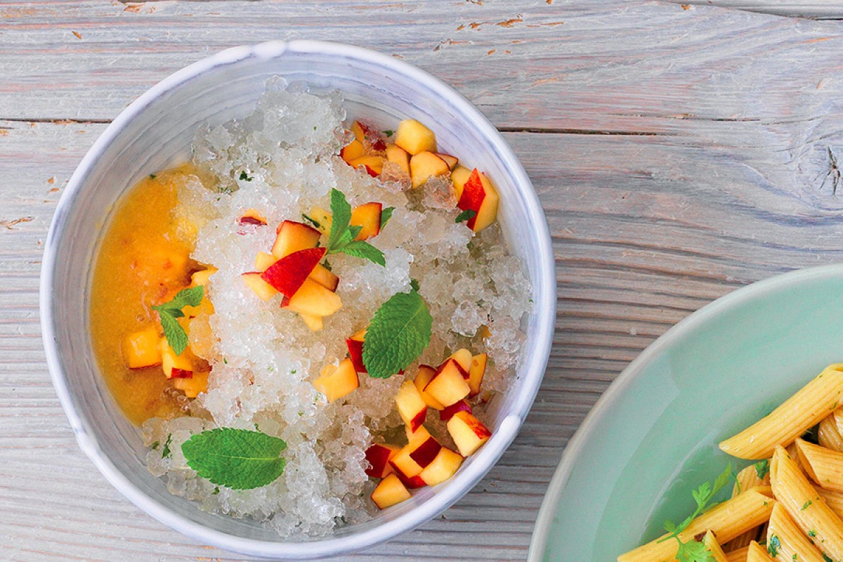 Peach Bellini shaved ice with the ice shave attachment, Recipe