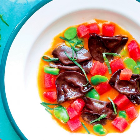 Cocoa Ravioli with Cold Tomato Sauce