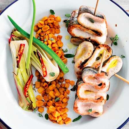 Garfish Skewers with Spring Onions and Crisp Corn