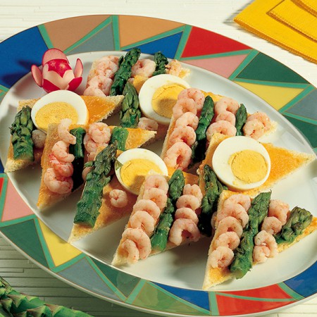 Egg, Shrimp, and Asparagus Canapés