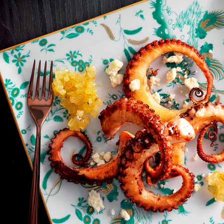 Crispy Octopus, Candied Apple and Castelmagno Cheese