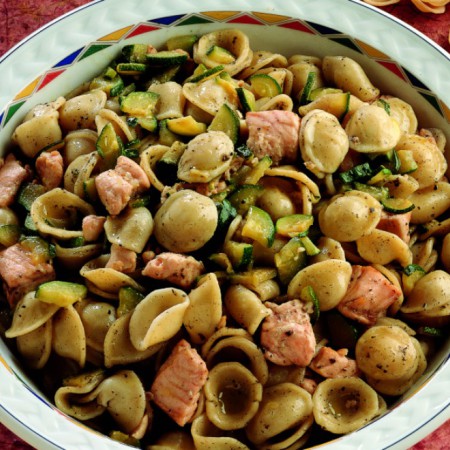 Orecchiette pasta with Olive Tapenade, Salmon, and Zucchini