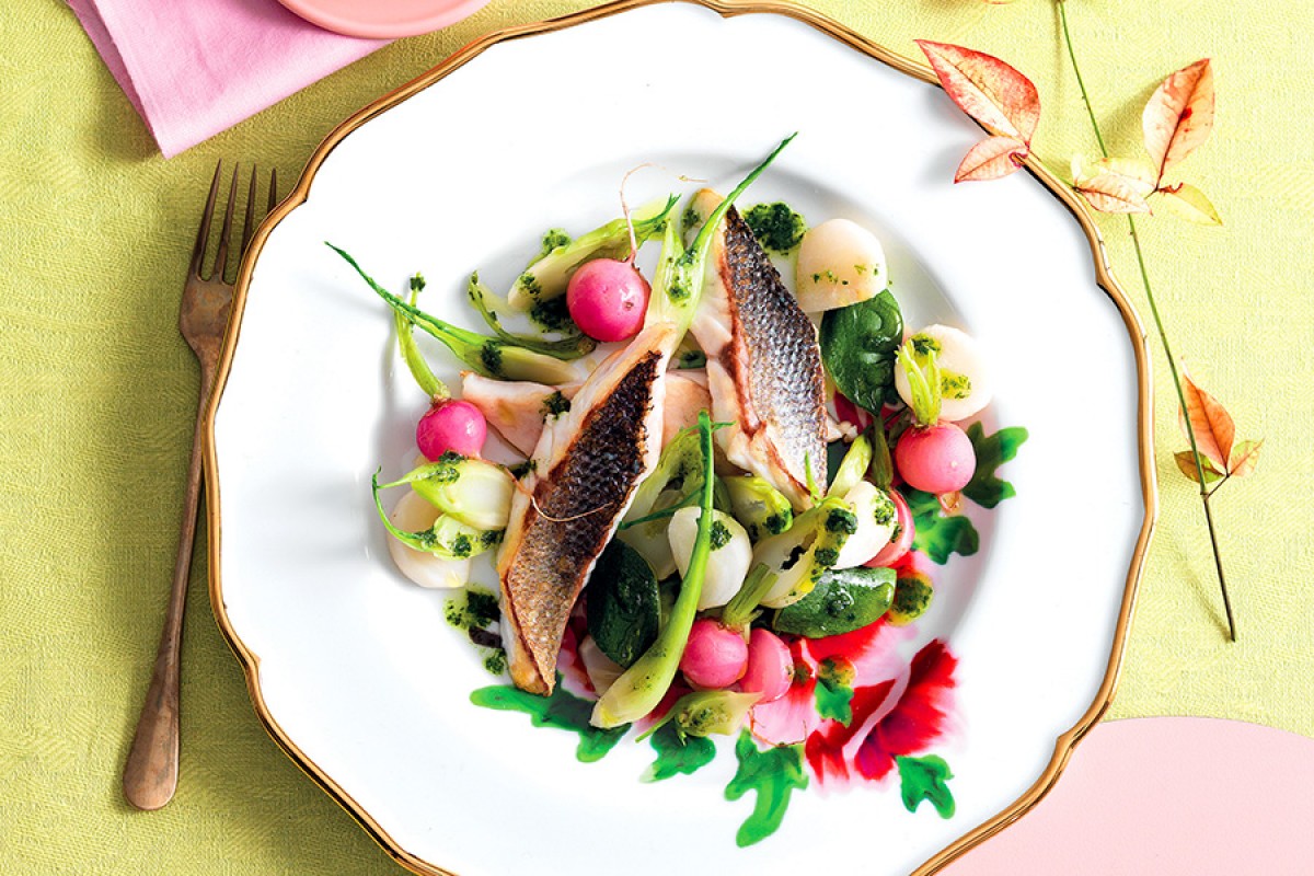 Sea Bass and Steamed Vegetables With Herb Sauce-image